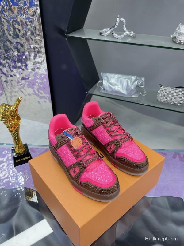 2025 Unisex Louis Vuitton Pink Brown Leather Canvas Plimsolls Handcrafted Crystals AS00400