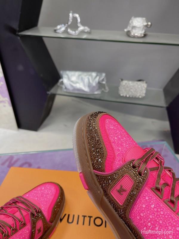 2025 Unisex Louis Vuitton Pink Brown Leather Canvas Plimsolls Handcrafted Crystals AS00400
