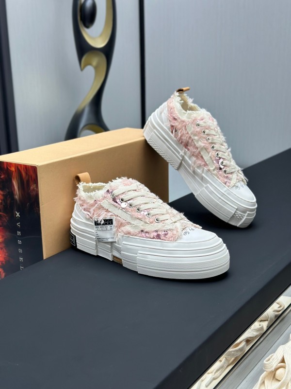 2025 Women XVESSEL Pink White Canvas Plimsolls Distressed AS00260