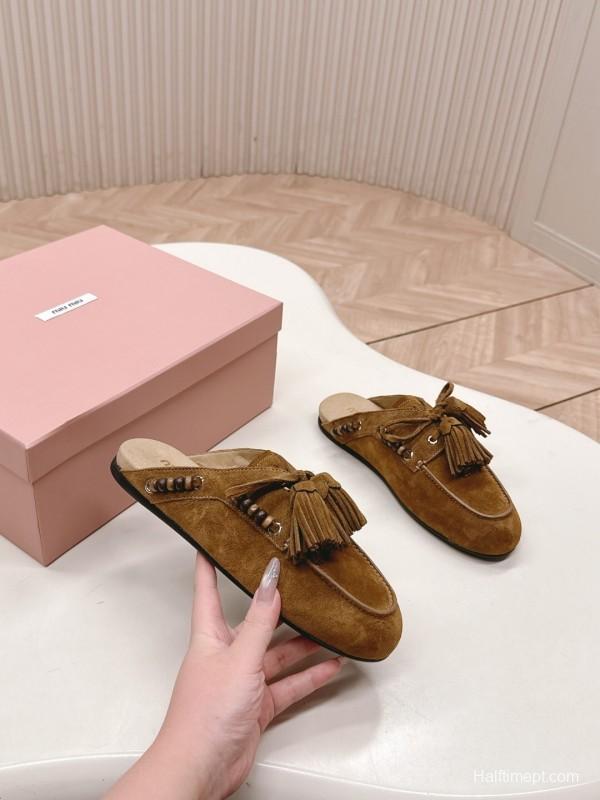Miu Miu Fall Winter 2025 Tassel Loafer Mule with Beaded Accents - LY00320