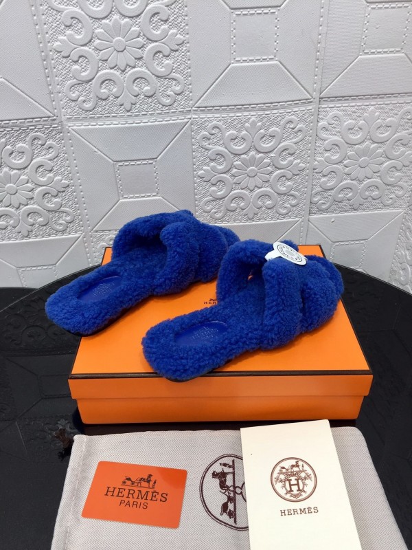 H Hermes Teddy Wool H Slippers Flat Sole Fur Slides - LY00240