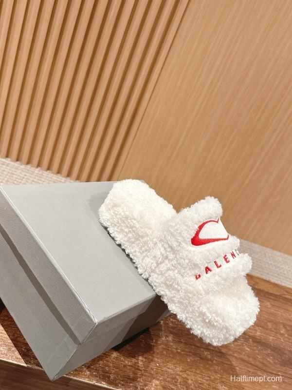 Balenciaga 2025 SS Qixi Limited Series Letter Embroidery Platform Shearling Slippers - AS00200