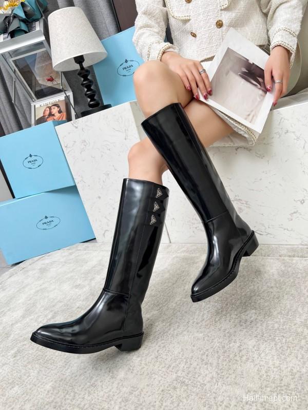 Prada Classic Triangle Logo Pointed Toe Boots - LY00400