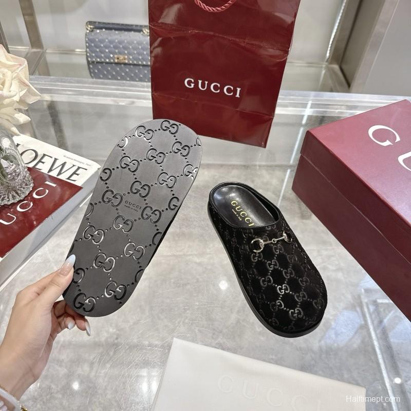 Gucci Camel Suede GG Embossed Horsebit Mule Sandals - LY00240