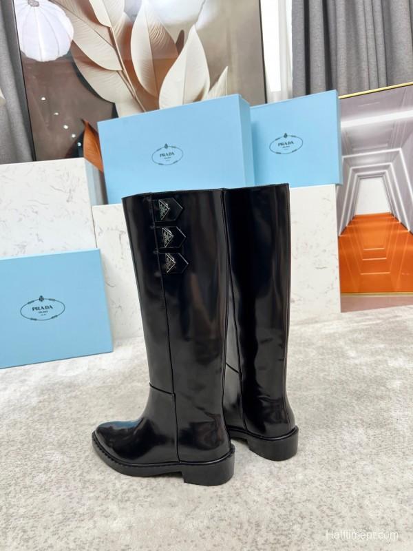 Prada Classic Triangle Logo Pointed Toe Boots - LY00400