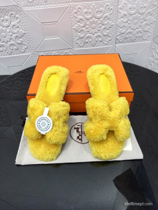 H Teddie Wool H Slippers Flat Sole Fur Slides - LY00240