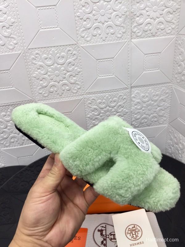 H Eiderdown Teddy Wool H-Logo Slippers Flat Sole Winter Home Shoes - LY00240