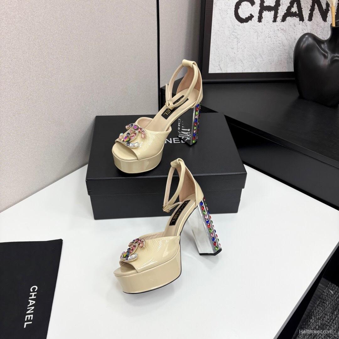 Adidas 2025/SS Little Fragrance Style Nightclub Color Diamond Chunky Heel Square Heel High Heel Waterproof Platform Back Strap Simple Sandals - KFY00350