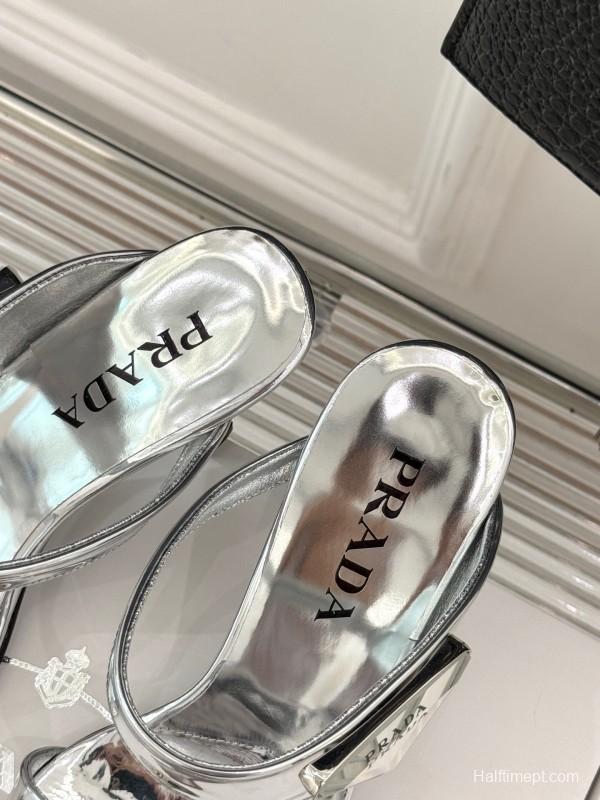 Prada Pointed Toe High Heel Sandals with Triangle Buckle - KFY00280