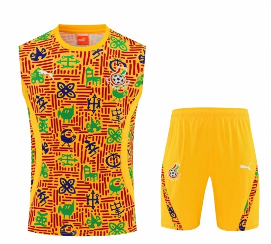 25/26 Ghana Yellow Adinkra Symbol Print Sleeveless Training Suit + Shorts